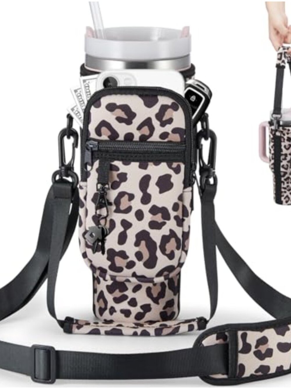 Neoprene Water Bottle Carrier Bag Phone Pocket Strap 40oz Tumbler